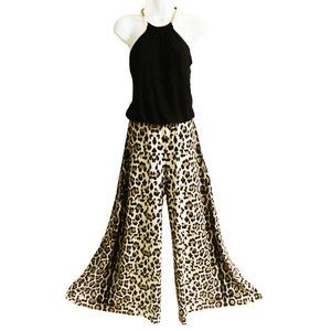 90s Vintage Disco Jumpsuit Knit Animal Print Wide Leg Goldtone Necklace Comfy S